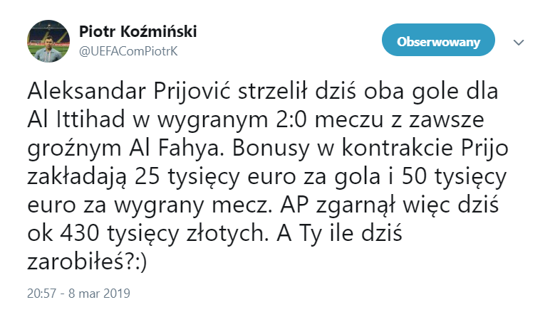 Tyle w jeden wieczór ZAROBIŁ Aleksandar Prijović